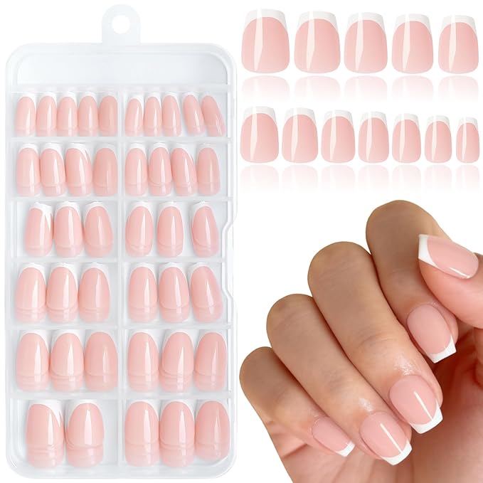 120PC White French Tip Press on Nails Short Fake Nails Press ons with 5*Adhesive Tabs, Pink Coffin Acrylic Nail Press on Nail French Tip Nails False Artificial Fingernails Stick on Nails-H