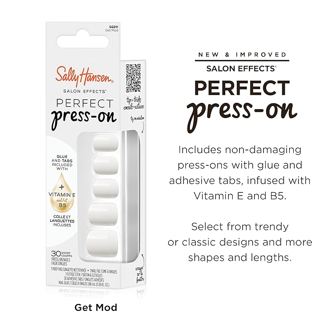 Sally Hansen Salon Effects Perfect Press-On Nails | Square Shape | Easy to Apply, Non-Damaging | 30 Nails, Nail Glue, Adhesive Tabs, File | Get Mod