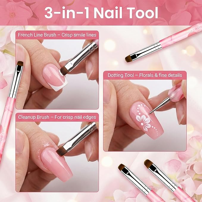 4Pcs French Tip Brush for Nails, Dual-Ended Nail Art Brushes Set with Nylon Bristles for Precision Smile Lines, Gel Polish Cleanup Brush with Resin Holder and 3pcs Nails Tools