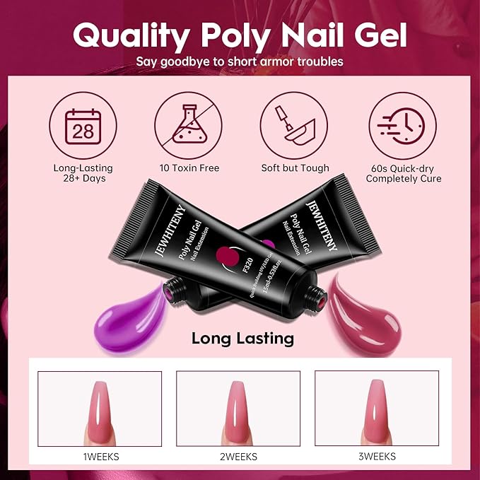 JEWHITENY 28 Colors Poly Nail Extension Gel Kit for Starter at Home Poly Nail Gel All-in-one Kit with Nail Lamp French Trendy Manicure DIY Kit