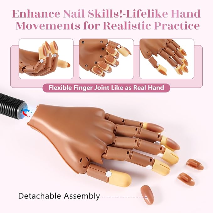Magnetic Practice Hand for Acrylic Nails: Flexible Fake Hand Manicure Training Hand with Strengthen Nail Tips - Mannequin Hand with 100PCS Replacement Tips