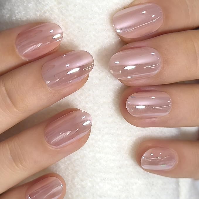 Curvlife Oval Press On Nails Short – Soft Gel Champagne Pearl Salon Quality False Nails with Glue, Long Lasting Daily Nail Tips for Women