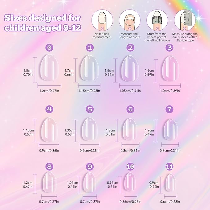 krofaue 240Pcs Almond Kids Nail Tips - 12 Sizes Soft Gel Extra Short Press on Nails for Children Girls Clear Almond Fake Nails for DIY Manicure (9-12 years old)