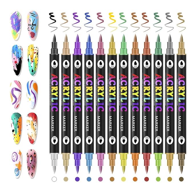 24 Colors Nail Art Pens Set Nail Art Markers Point Graffiti Dotting Pen 12 Pcs Double-Ended Nails Polish Pens for Nails Art Quick-Drying Acrylic Nail Doodle Pens for DIY Manicure Tools