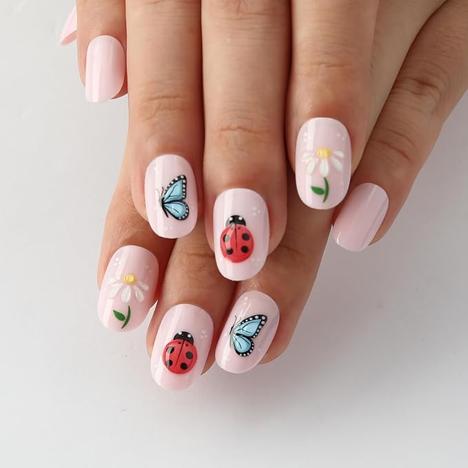 3D Insect Flowers Press On Nails Almond Medium, 3D Pattern Designer Reusable Acrylic Nails Press Ons, Fake Nails With Glue On, Daily Wear Floral False Nails For Women