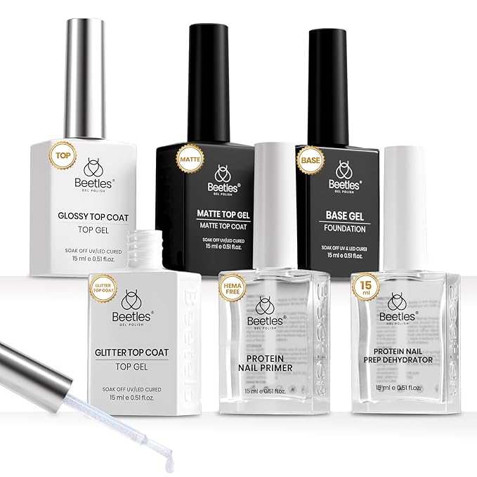 Beetles 6 Pcs 15ml Glossy & Matte Gel Top and Base Coat Set with Protein Nail Prep Dehydrator and Primer Acid-Free & Hema-Free Dehydrate Bond Primer t for Acrylic & Gel Nail Polish Gifts