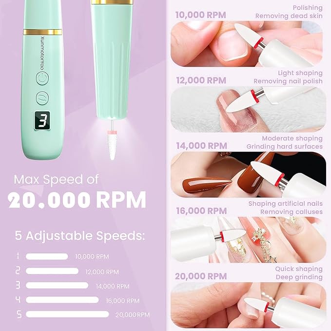 Professional Electric Nail Drill File, Cordless Nail Drill Machine kit for Acrylic Gel Dip, 12 in 1 Nail Machine Kit Portable Rechargeable Manicure Pedicure Tools for Home Salon(Blue)