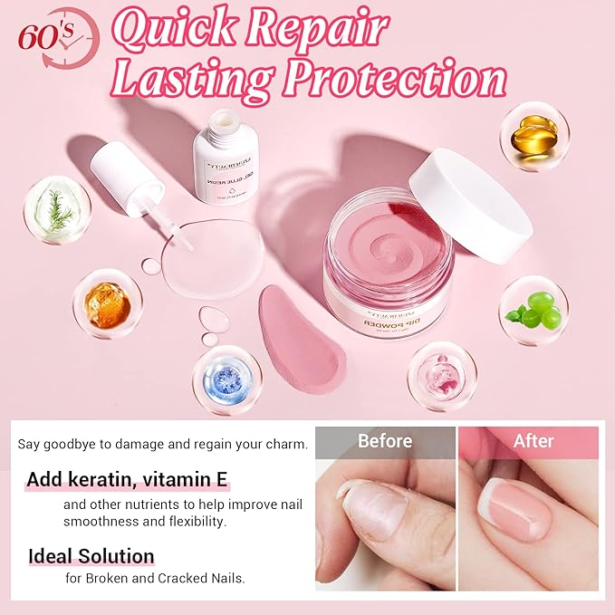 AZUREBEAUTY Nail Repair Kit for Broken Cracked Split Weak Nails, Emergency Easy Quick Fix Crystal Jelly Pink Transparent Dip Powder 28g /1 Oz Quick-Drying Repair Glue 10ml with Nail File & Nail Buffer