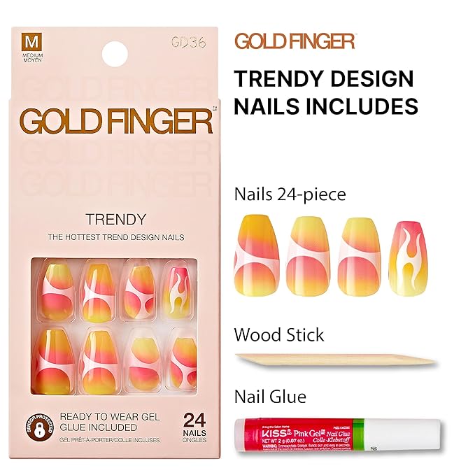 Goldfinger Trendy False Nails Kit, Long Coffin Design Nail, Playful Yellow Pink Abstract Print, Ready to Wear Gel & Manicure Stick Included, Long-Lasting Convenient & Easy to Apply