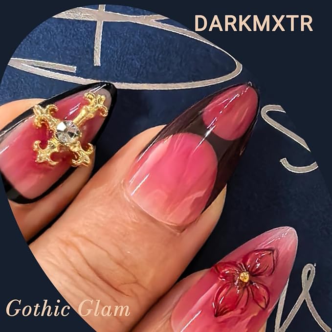 Press On Nails Almond Shape - Gothic Burgundy Pink Rhinestone Cross Design,Easy Application Manicure Set for Work, Party & Daily Use, Perfect for Women and Students