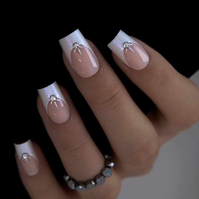 Curvlife Press On Nails – 30PCS Full Cover False Natural Fit Soft Gel Fake Nails Tips, Easy to Apply at Home Glue On False Nails Kit (Pearl French Rhinestones, Long)