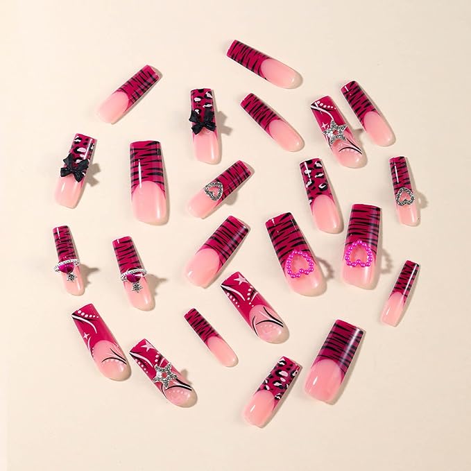 RTKHFZE Square Press on Nails Long Fake Nails Rose Red French Tip Glue on Nail with 3D Bow Acrylic Nails Press ons Star Y2k False Nails for Women Manicure Stick on Nail