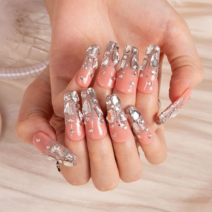 LOVFUL Press on Nails Silver Wind | Handmade with Full Covered Crystals | Reusable Full Cover Nails | Coffin Classic Regular 1.3 in | H126-S