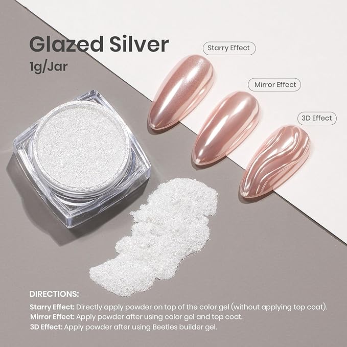 Beetles Gel Nail Polish Kit with U V Light 48W Led Nail Lamp 6 Colors Christmas beetles Gel Polish Chrome Nail Powder for Gel Nails, 1g Glazed Silver Nail Powder Mirror Effect Nail Manicure
