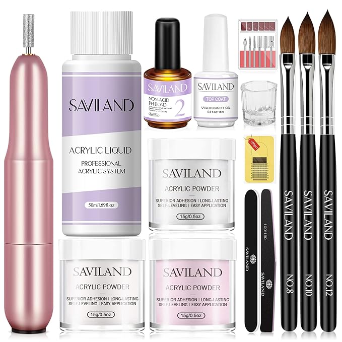SAVILAND Acrylic Nail Kit with Drill: 3 Colors Acrylic Powder, Nail Liquid, 20,000 RPM Electric Nail File, Brushes & All Essential Tools, Nail Kit for Beginners with Everything for DIY Extension