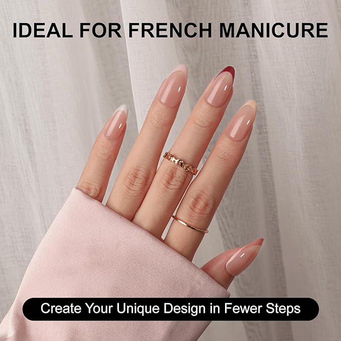 Gel French Tip Nails Medium Almond French Tip Press on Nails SXVME White French Nail Tips 150Pcs Pre-applied Tip Primer Natural Skin Tones Fake Nails Extensions Gel Nail Kit for Women Girls DIY