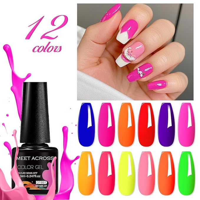 MEET ACROSS 12pcs Gel Nail Polish Set,Soak Off UV LED Lamp Gel Nail Polish Kit,Fashion Shimmer Nail Art Design Gifts for Women Manicure Salon (Neon-1)