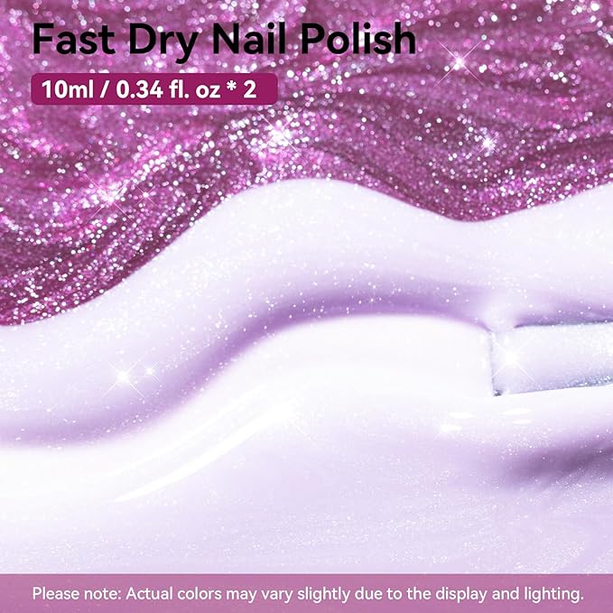 Purple Sparkle Nail Polish, Mermaid Shimmer Shades Classic Fingernail Toenail Polish Duo, Caster Oil Enriched, Non-Gel, Vegan, Opaque, Quick Dry Lilac Glitter DIY Nail Art