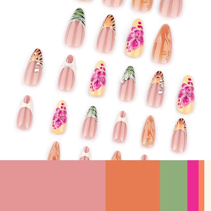 French Tip Press on Nails Medium Almond MABKJLF Fake Nails False Nails with Flower Pearls Rhinestones Tiger stripes Designs Glossy Glue on Nail Full Cover Acrylic Nails for Women Girls 24Pcs