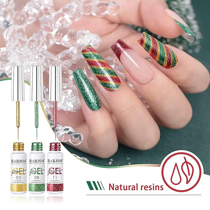 Painted Gel Nail Polish Set, Nail Art Metallic Liner Painting Polish Set U V L E D 12 Colors Platinum Liner Gel Champagne Glitter Silver Rosa Gold Green Blue Purple Paint for Nail Art Design