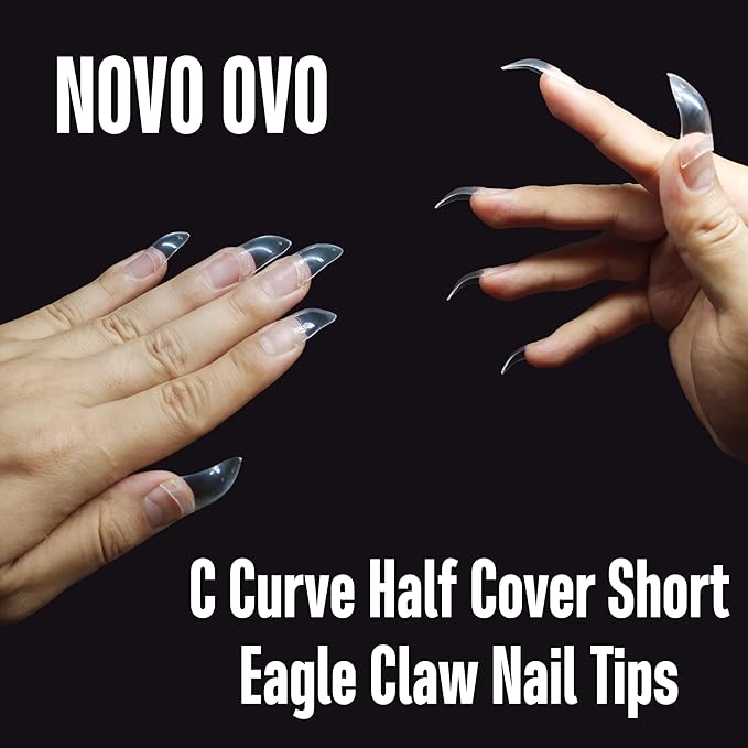 NOVO OVO Halloween Nail Tips Curved Stiletto, Clear Gel x Extension kit Half Cover Press on 3D Eagle Claw nails, Thick Extra Hawk Deep Curve Almond French Tips Soft False Acrylic Nail 504pc 12 Size
