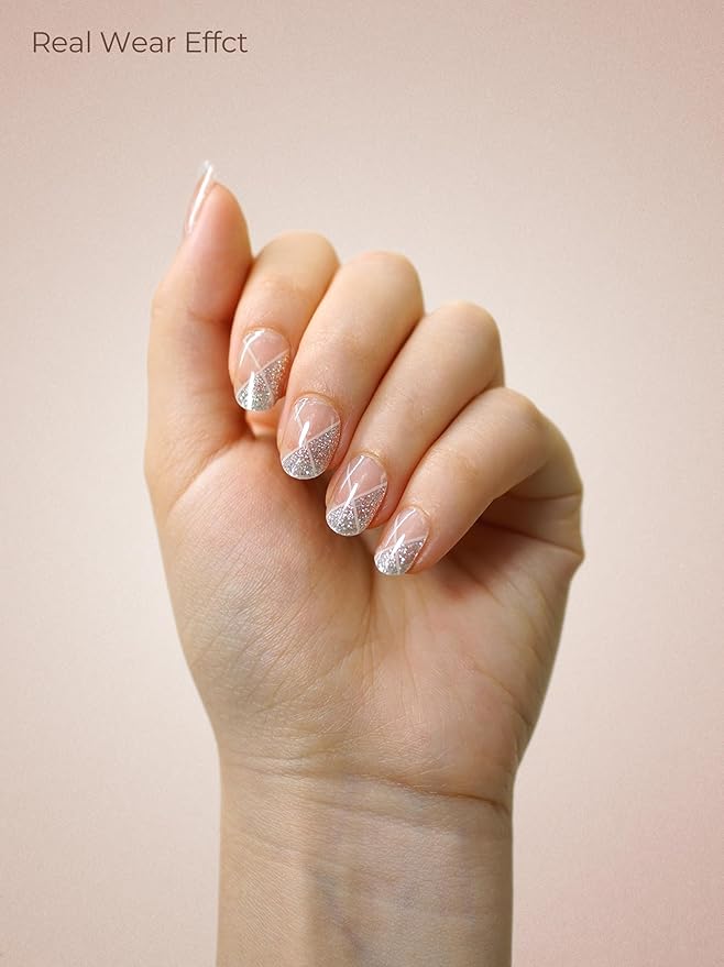 Real Gel Nail Strips (No UV Light Needed) - 44Pcs Salon Quality Nail Stickers - Long Lasting Polish Wraps for Women, Easy Apply & Remove (Diamond Tip Sliver)