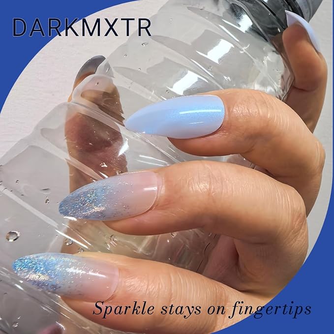 Light Blue Press on Nails - 24Pcs Long Stiletto Fake Nails with Gradient Glitter Design, Reusable Acrylic Artificial Nails for Women, 12 Sizes