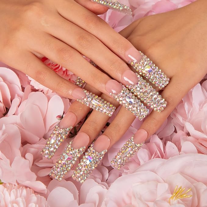 LOVFUL Press on Nails Angel's Tear Rhinestone | Handmade with Full Covered Crystals | Reusable Fake Nails | Square Mid length 1.7in | H48-M