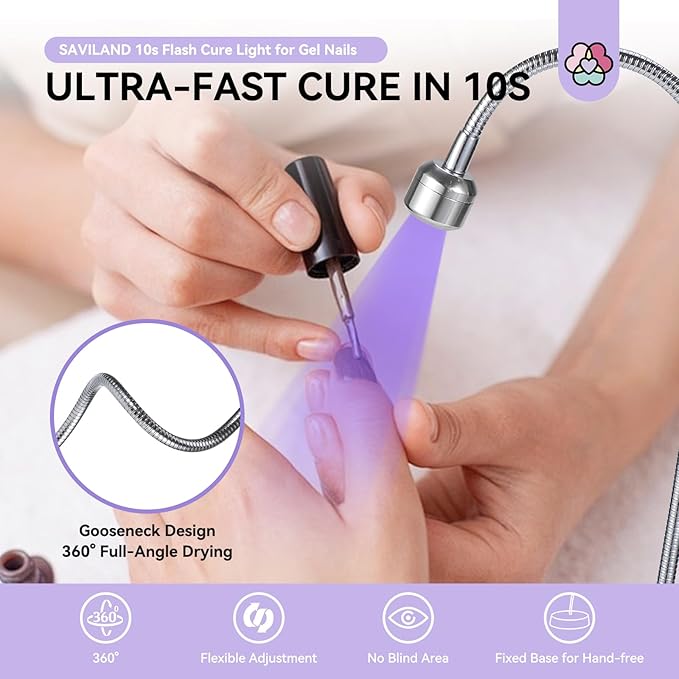 SAVILAND Gooseneck UV Light for Gel Nails: Touch Switch 12W U VNail Lamp 5S Quick Drying LED Flash Cure Lamp Rechargeable Gel Flash Cure Light 3 Timers Setting 360° Adjustable Home Salon Manicure