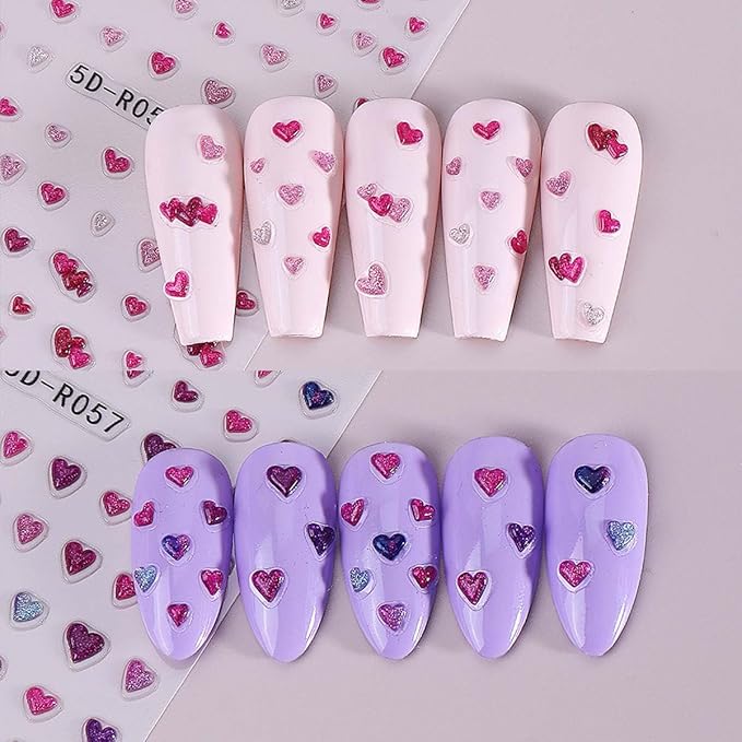 4 Sheets Valentines Nail Stickers - Embossed Heart Nail Art Decals - Self Adhesive Little Hearts Stickers for Nails,Vday DIY Manicure Decorations for Women