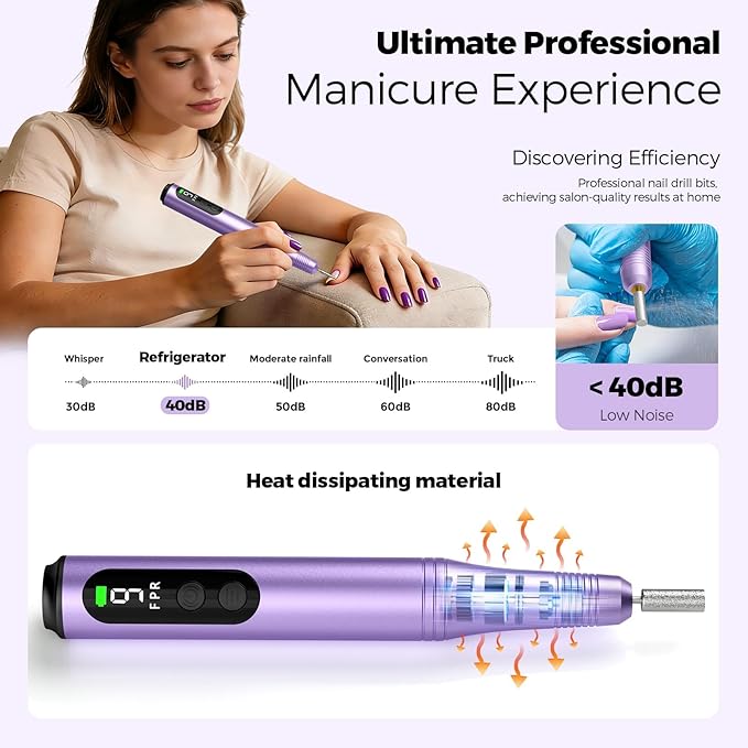 Electric Nail Drill Kit, Electric Nail File Cordless Nail Drill Machine for Acrylic Gel Dip Powder Nails, Professional Portable Manicure Pedicure Rechargeable Lightweight for Home Salon Use
