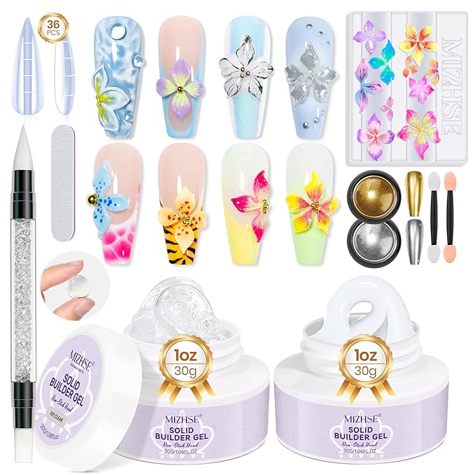 MIZHSE 2Pcs 3D Nail Gel Sculpting Gels, Clear and White Solid Builder Gel for Nails with Silicone Nail Molds Molding Gels 3D Art Non-Sticky Hand UV LED for Nails Salon Home DIY