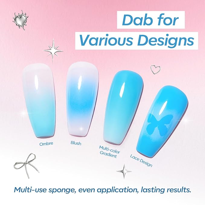modelones Gel Nail Polish Kit White French Jelly Pink Winter Blue Ocean Gel Polish Set with 10 Pcs Nails Sponge for Ombre & Stickers, 4 Colors Gel Mini Salon Home DIY Trend Manicure Gift for Women