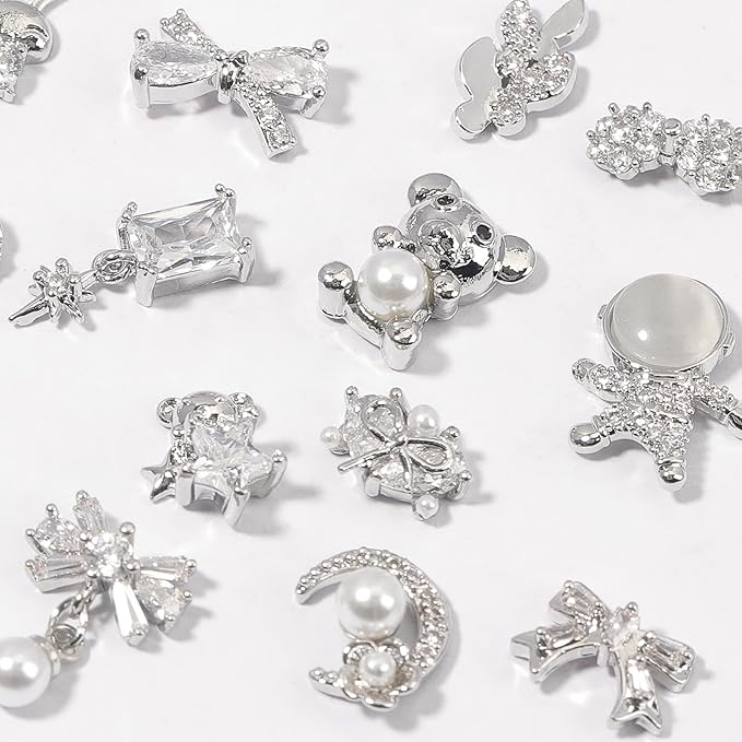 HNUIX Nail Charms and Gems - Silver Copper Zircon, Multiple Shapes 3D Dangle, Metal Luxury Jewelry Rhinestones for Nails 14 Pieces