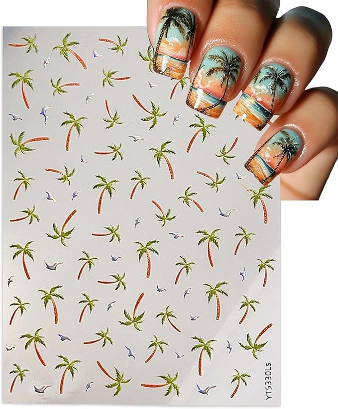 1 Sheets Coconut Tree Nail Stickers Holographic Effect Nail Decals Cute Chrome Nail Stickers for Nail Art Palm Seagull DIY Self-Adhesive Hawaii Handmade Nails Supplies Accessories for Women Girls