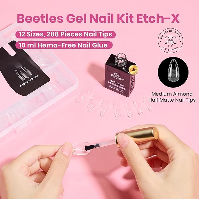 Beetles Gel Nail Kit Etch-X, Almond Medium, 288pcs 12 Sizes Nail tips, with 10ml Hema-Free Nail Glue Gel, for Acrylic and Clear Press On Nail, Pre-Etched Half Matte Extension Set for Home DIY