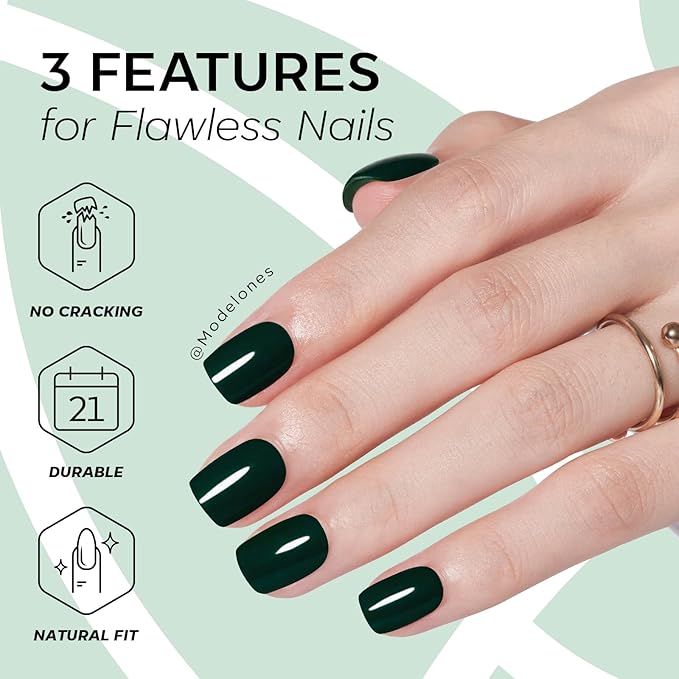Modelones Extra Short Press on Nails, Dark Green Squoval Fake Nails, Reusable Nail Kit with Nail Glue Adhesive Tabs Mini Nail File, Nails Press Ons 32Pcs 16 Sizes, Women Girl Gift