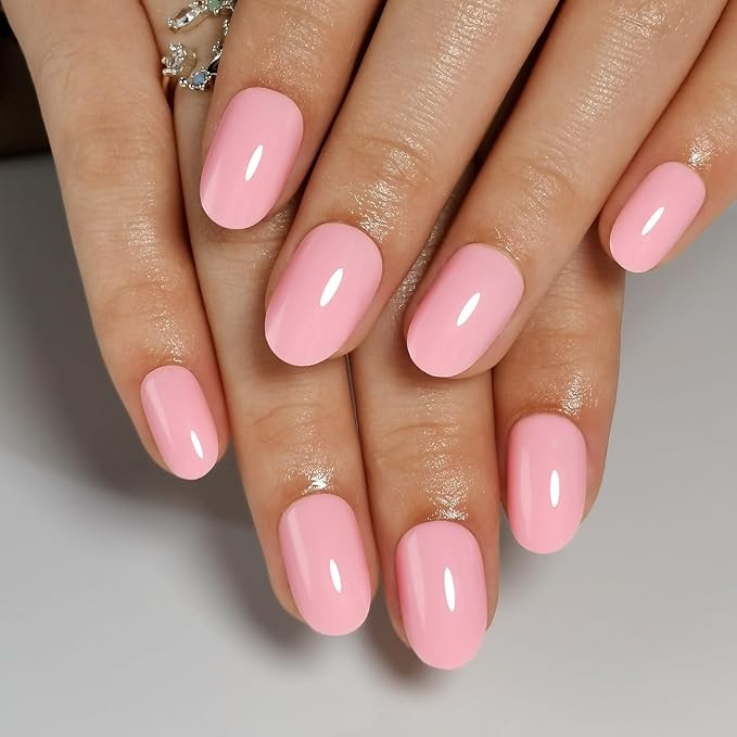 Press On Nails - Petal Pink I Solid Opaque Light Pastel Pink Short Oval Nails, Salon Quality, 32 Nails, 16 Sizes Kit with Glue and Adhesive Tabs - Female Founded