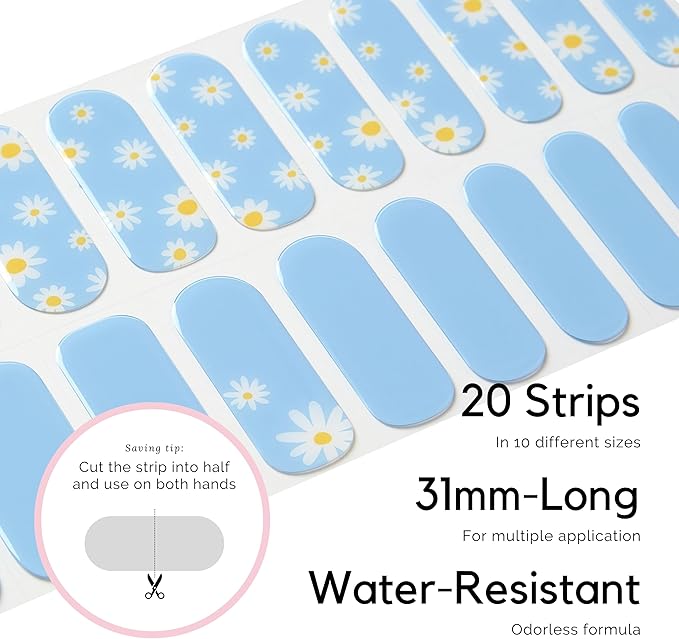 Semi Cured Gel Nail Strips - NAILOG 20 Pcs Blue Flowers Nail Stickers Extra Long Wraps with Glossy Gel Finishing for Spring Summer, Petals in The Wind