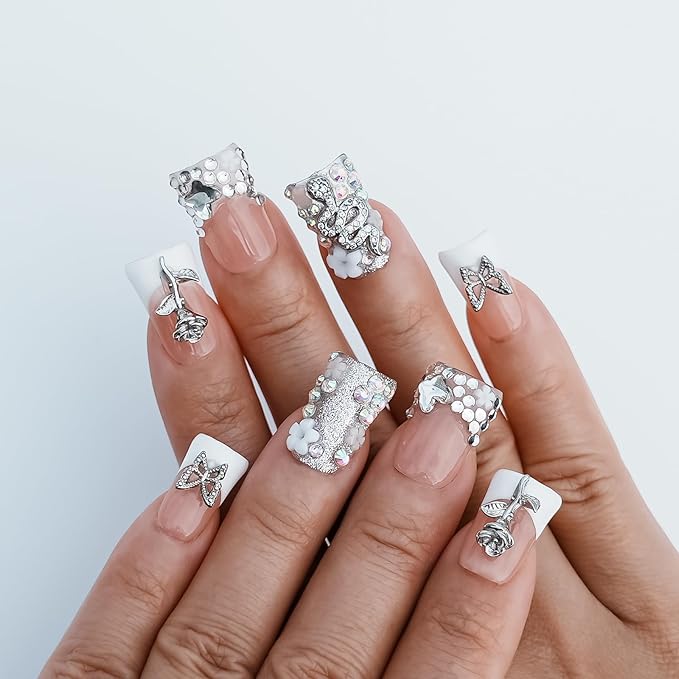 Handmade Press on Nails Short Duck White French Tip Thick Acrylic Fake Nails 3D Floral Metallic Rose Butterflies Luxury Rhinestone Design (Silver Ash Butterfly Sheen,L)