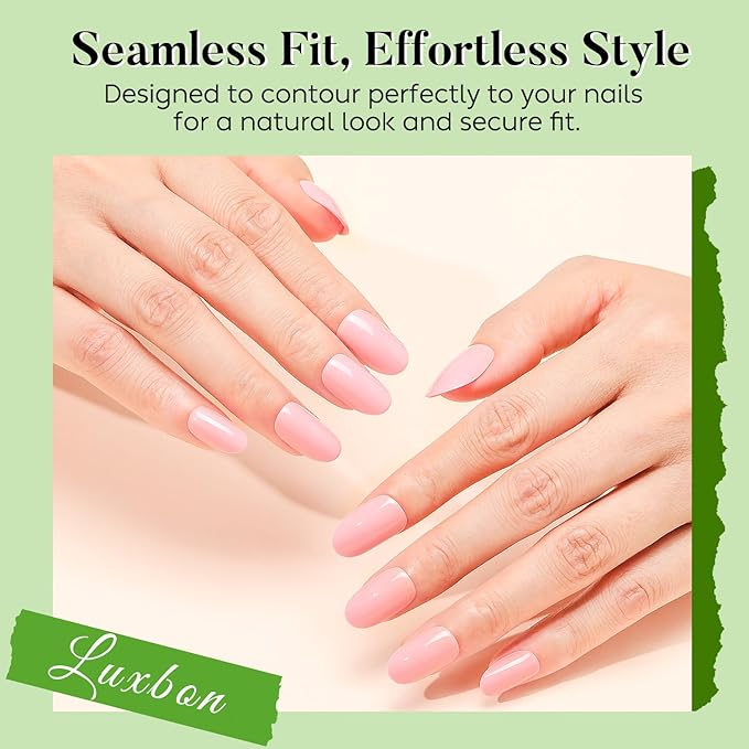 Luxbon False Press On Nails Short Rounded with No-Cure Nail Glue and Tool Kit – Soft Gel Tips 25-30pcs Full Size Set, Fit Perfectly & Natural Reusable Fake Nails for Women, Salon Look at Home, Pink