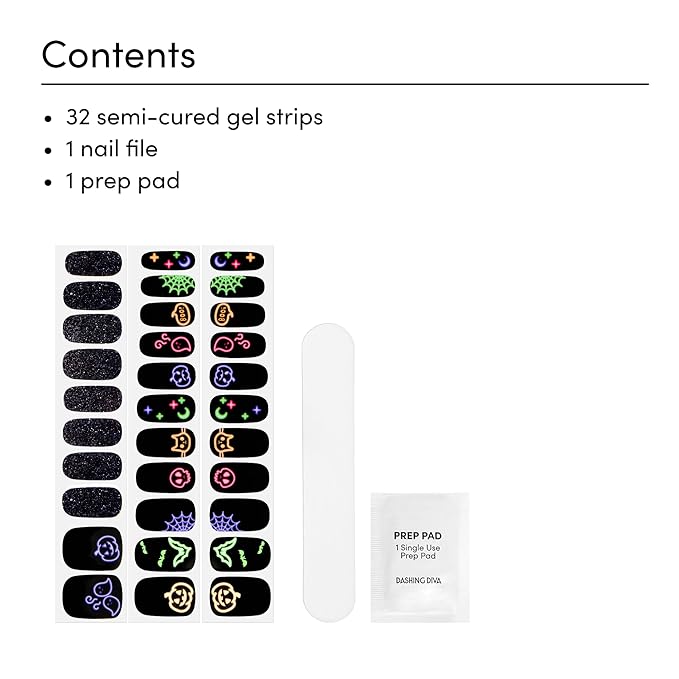 Dashing Diva Gloss Nail Strips - Deja Boo - UV Free, Chip Resistant, Long Lasting Gel Nail Stickers - 3-Piece Glow-In-The-Dark Manicure Set - Contains 32 Wraps, 1 Prep Pad, 1 File