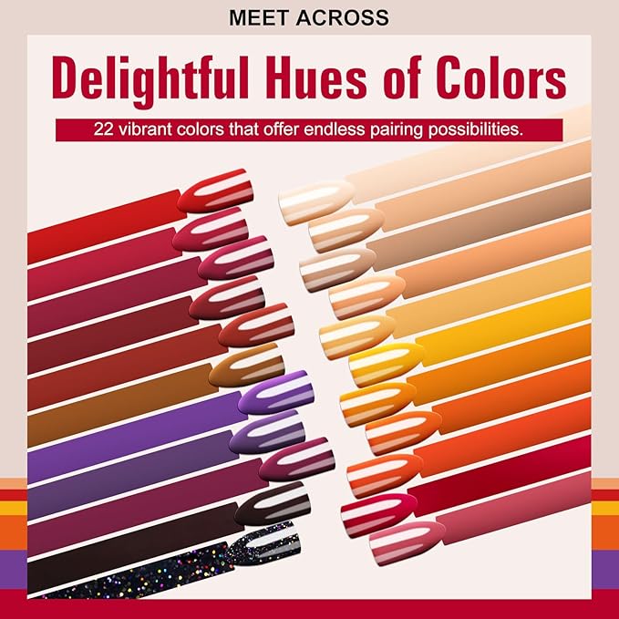 MEET ACROSS Fall Winter Series Gel Polish Set 22 Colors Gel Nail Polish Kit Orange Burgundy Red Purple for Nail Art Manicure Kit for Women 30Pcs