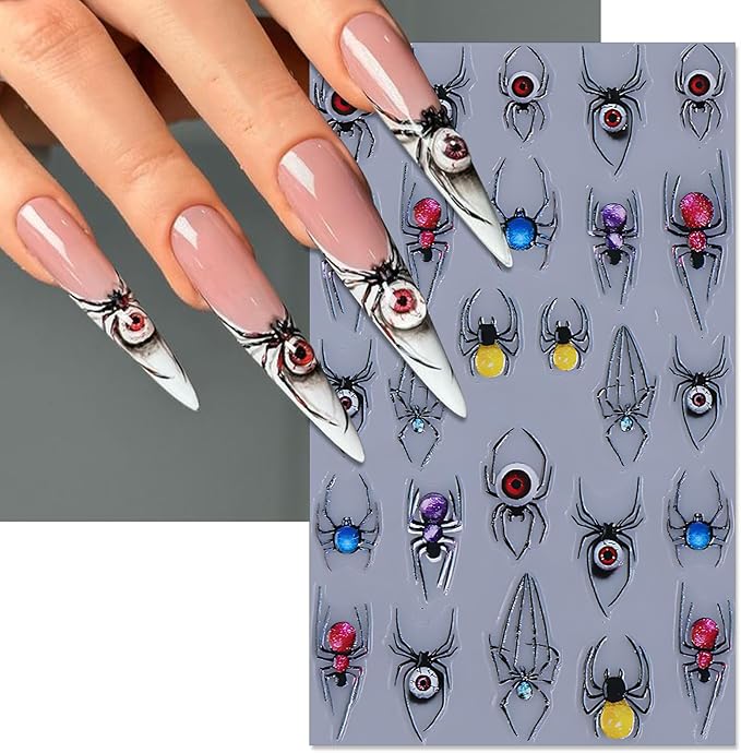 Halloween Spider Nail Stickers, Embossed Horror Eyeball 5D Self-Adhesive Nail Art Decals for DIY Colorful Spider Manicure (2 Sheets)