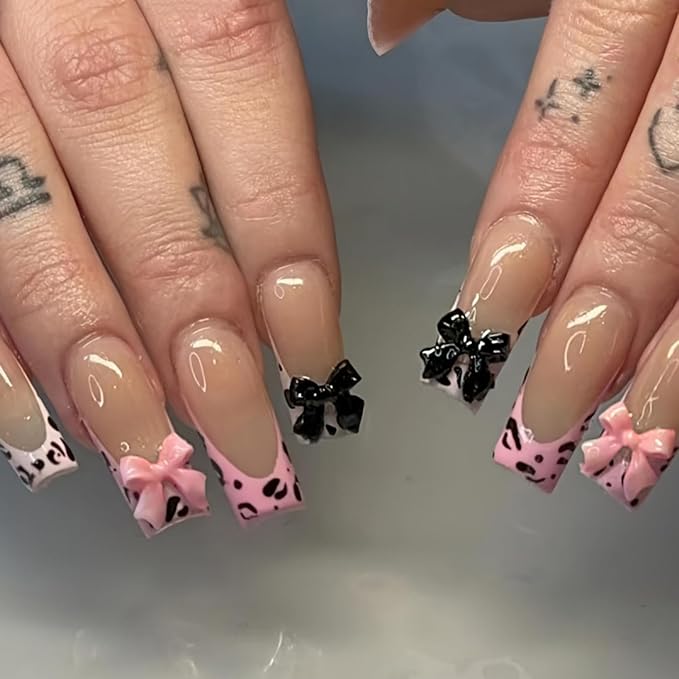 Long Square Press on Nails Fake Nails Artificial Nail Stick on Nail for Women Pink Leopard Print with Cute Pink & Black Bow Knots on Nude French Tip Nails