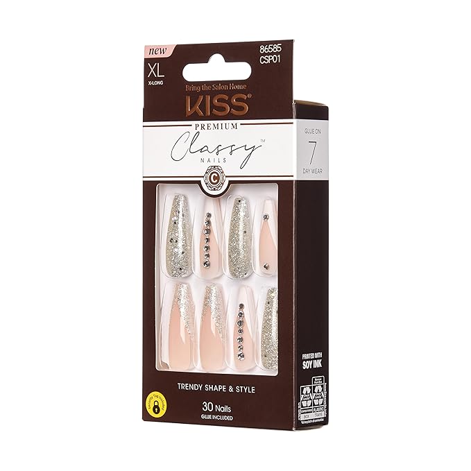 KISS Classy, Press On Nails, Nail glue included, 'Sophisticated', Silver, Extra-Long Size, Coffin Shape, Includes 30 Nails, 2g glue, 1 Manicure Stick, 1 Mini File