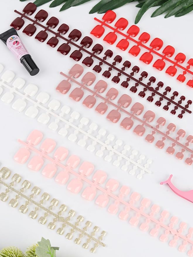 EBANKU 216 Pcs Press On Toenails Short, French Toe Nail Tips Square False Toenails 18 Sizes Press On Nails Gold Pink Brown Full Cover Nail Tips with Nail Glue for Nails DIY Salon Home