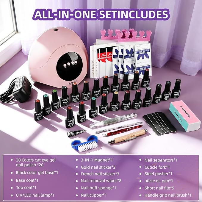 JODSONE 20 Colors Cat Eye Gel Nail Polish Kit with Base Coat Top Coat Magnet for at Home DIY Nail Art