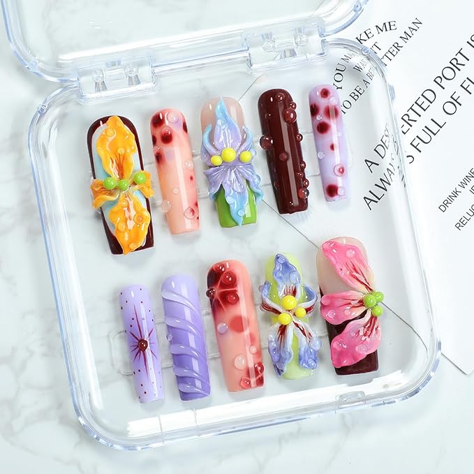 Flower Press on Nails Handmade Long Coffin Muti-Layer Gel Fake Nails Gradient Floral 3D Waterdrop Pattern Design Spring Summer Multicolor Thick False Nails French Tip Acrylic Nails for Women (Size S)