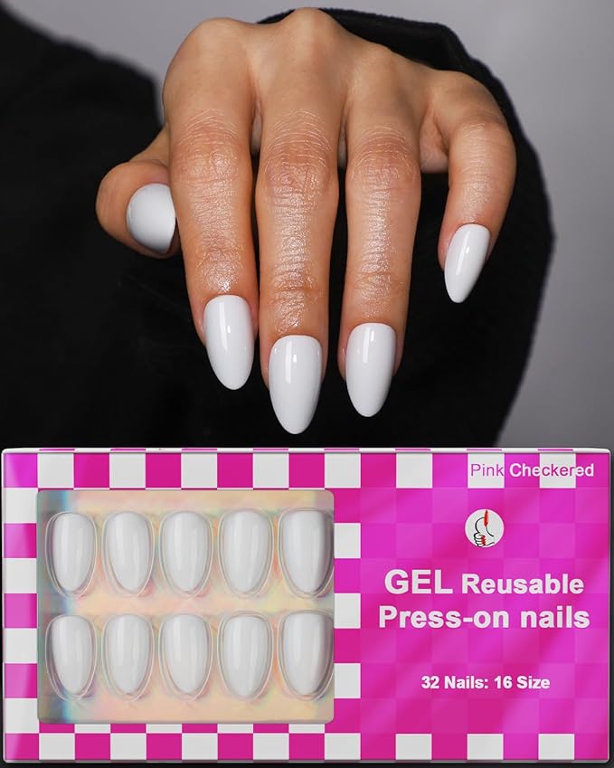 White Press on Almond Nails Short 16 Sizes Glossy Gel Fake Nails with Glue & Stick